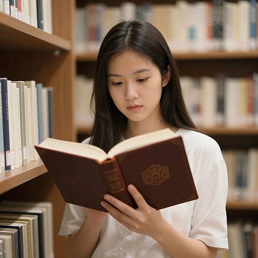 Young Asian woman with long black hair reads a brown book in a library, wearing a white shirt, surrounded by bookshelves. Photograph.