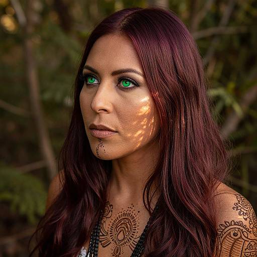 Photograph of a woman with long, dark red hair, green eyes, and intricate henna tattoos, standing in a forest with sunlight filtering through leaves