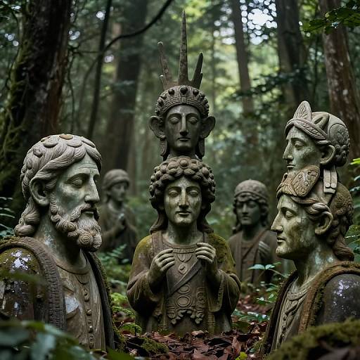 Photograph of moss-covered stone statues of ancient warriors and a central crowned figure in a dense, forested area.