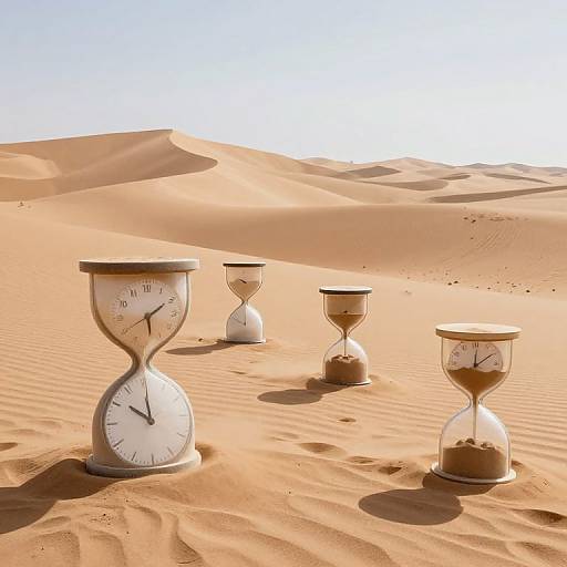 Photograph of four hourglasses with clock faces, standing in a sunlit, sandy desert with rolling dunes and clear sky.