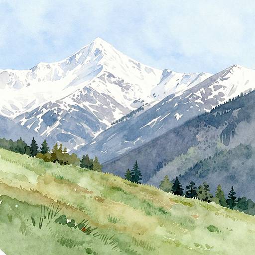 Watercolor Snow-Capped Mountain Scene