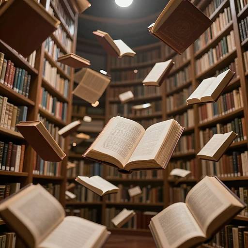 Photograph of open books floating in a dimly lit, wooden library, surrounded by towering bookshelves filled with colorful books.