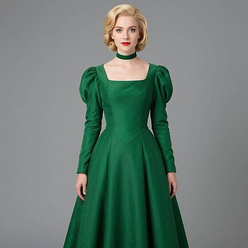 Photograph of a blonde woman with red lipstick, wearing a green, long-sleeved, puffed-sleeve, square-neck dress and matching