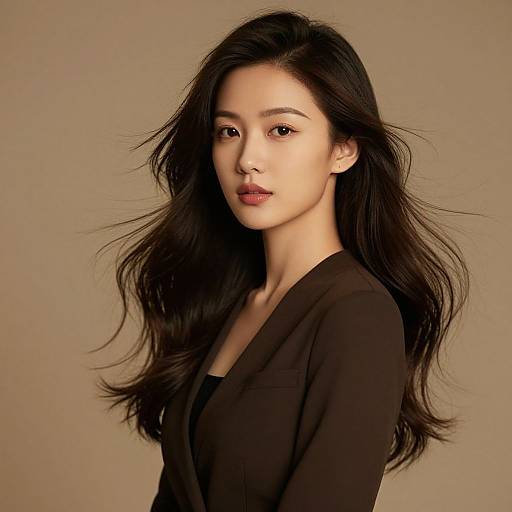 Photograph of an East Asian woman with long, wavy black hair, wearing a black top, against a beige background. She has fair skin,