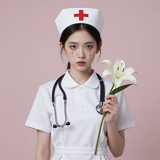 Photograph of an Asian woman in a white nurse uniform with a red cross hat, holding a white lily, wearing a stethoscope, against