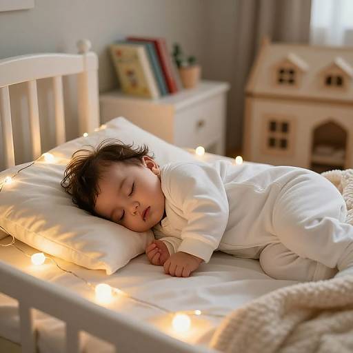 Photograph of a sleeping baby in a white onesie, surrounded by warm fairy lights, on a white bed in a cozy, softly lit nursery.