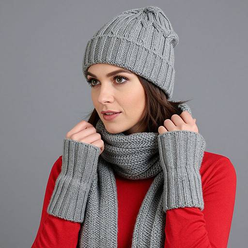 Woman Modeling Hand-Knit Winter Ensemble