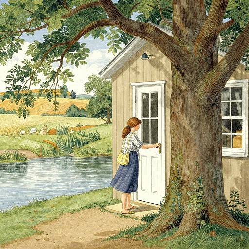 Illustration of a brown-haired woman in a blue skirt and white blouse opening the door of a small wooden shed by a serene lake, surrounded by lush