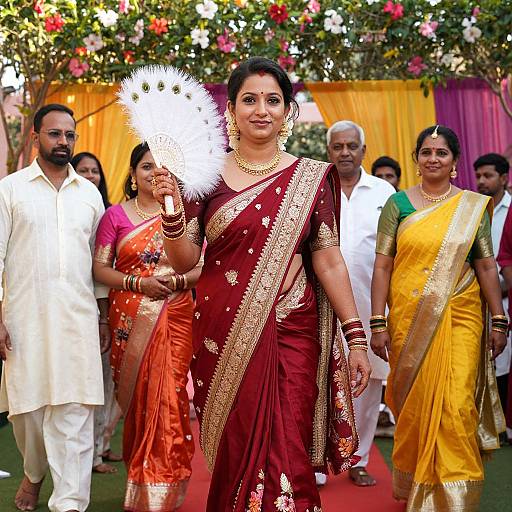Photograph of an Indian wedding: A dark-skinned woman in a red and gold sari holds a white feather duster, surrounded by guests in