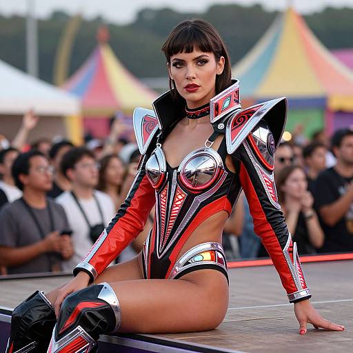 Photograph of a brunette woman with a bob haircut, wearing a red and silver metallic bodysuit with high collars, sitting on a stage at