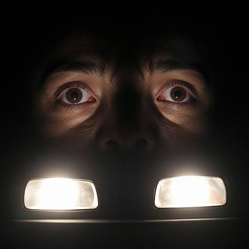 Photograph of a man's intense, wide brown eyes illuminated by bright headlights in complete darkness, creating a focused and dramatic effect.