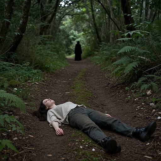 Photograph of a man in white shirt and black pants lying unconscious on a forest path, with ferns on both sides and a dark figure in the