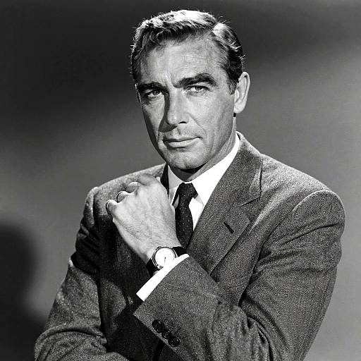 Black-and-white photograph of a handsome, dark-haired man in a suit, with a serious expression, hand resting on his chest, against a gradient background