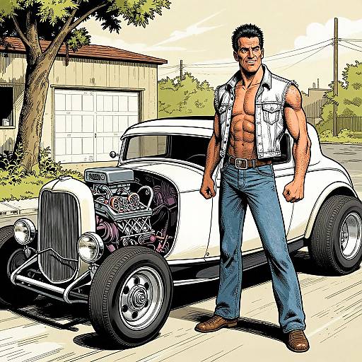 Muscular man with short black hair, sleeveless white shirt, blue jeans, and brown shoes stands proudly beside a customized white vintage car. Comic-style