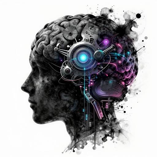 Digital artwork of a black, abstract human head profile with a cybernetic brain featuring glowing blue and pink circuits.