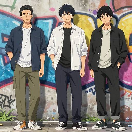 Anime-style drawing of three black-haired, brown-eyed men in casual clothes standing against colorful graffiti wall, wearing different jackets and pants.