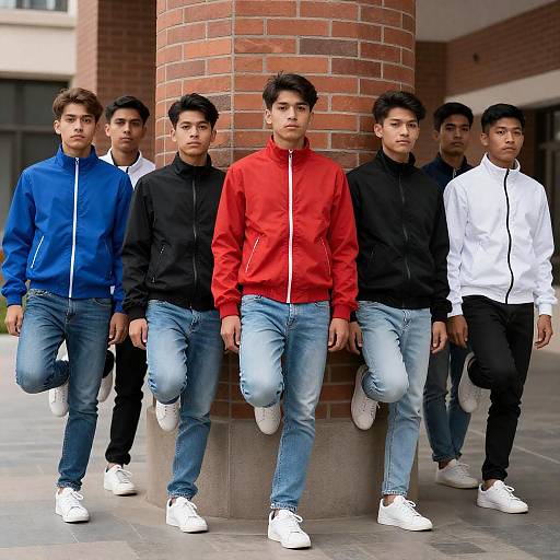 Group of Young Men in Colorful Jackets Posing
