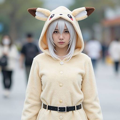 Photograph of an Asian woman with white hair, wearing a cream-colored furry Pikachu hoodie with ears, standing in a blurred urban background.