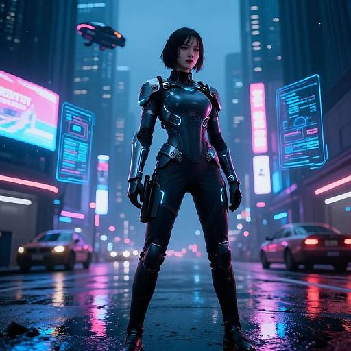 Cyberpunk city street at night; Asian woman in sleek, black, armored suit stands confidently, neon lights reflecting off wet pavement.