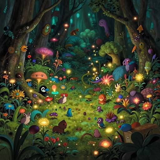 Whimsical, vibrant forest scene in digital art style, filled with colorful, glowing flowers, fantastical creatures, and fairy lights among lush greenery