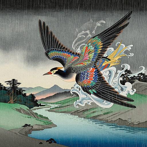 Vibrant digital artwork of a colorful bird with rainbow feathers flying over a serene lake and mountain landscape in a rainy, stormy sky.