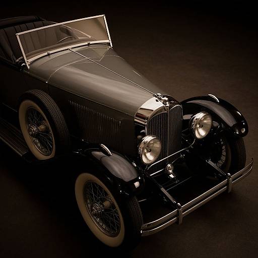 Photograph of a sleek, black vintage convertible with chrome accents, white-walled tires, and glowing headlights, set against a dark background.