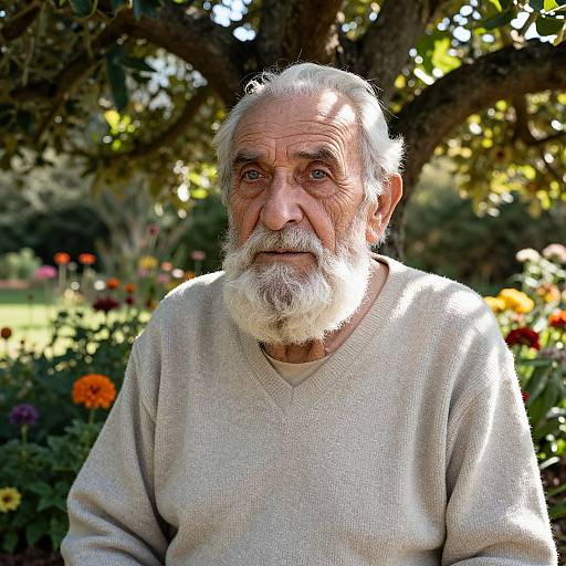 Photograph of an elderly man with white beard and hair, wearing a beige sweater, standing in a sunlit garden with colorful flowers and a large tree