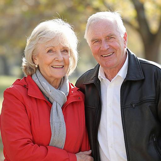 Photograph of an elderly white couple smiling outdoors, woman in red jacket and gray scarf, man in black jacket and white shirt. Sunlit autumn background