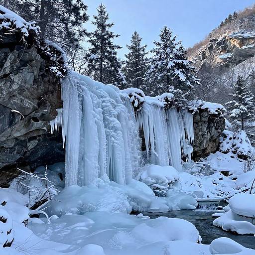 Photograph of a snow-covered, icy waterfall cascading down a rocky cliff, surrounded by snow-laden evergreen trees and a clear blue sky.