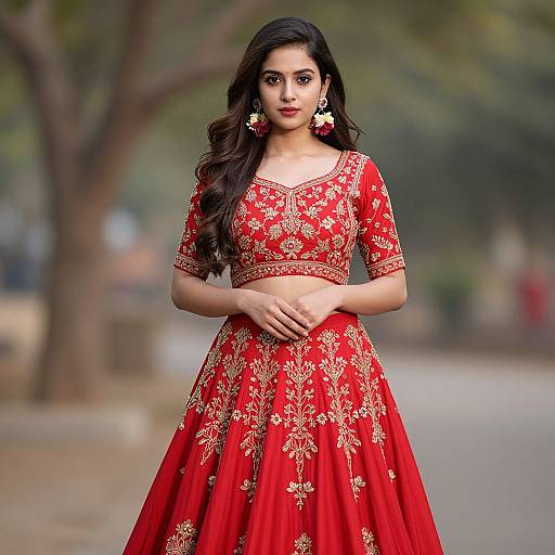 Photograph of a beautiful Indian woman with long dark hair, wearing a red floral embroidered lehenga, standing outdoors, with blurred trees and a path in