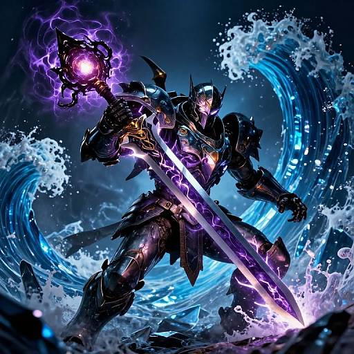 Digital artwork of a dark, armored warrior wielding a glowing purple sword and a magical orb, surrounded by swirling blue water and energy. Dynamic, fantasy battle