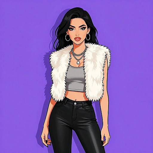 Digital illustration of a confident woman with long black hair, wearing a white furry vest, gray crop top, and black leather pants, against a vibrant purple