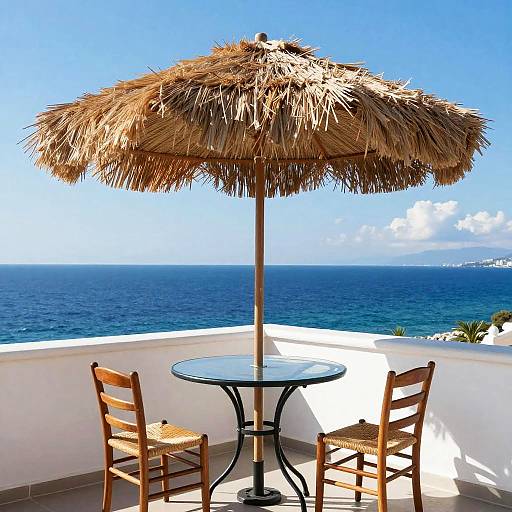Photograph of a coastal terrace with a thatched umbrella, glass round table, and two wooden chairs, overlooking a vivid blue ocean under a clear sky