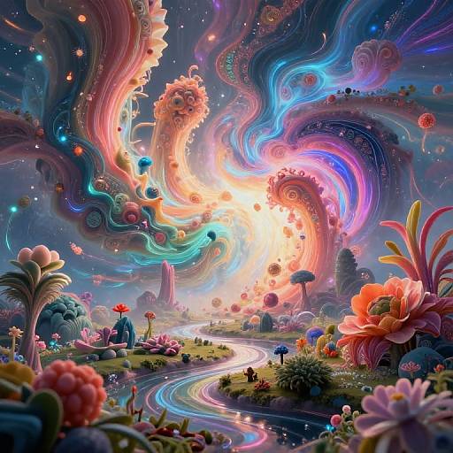 Vibrant digital artwork of a surreal, swirling, galaxy-like landscape with colorful, abstract clouds, glowing orbs, and a winding river through a fantast