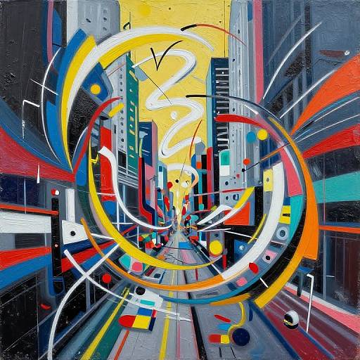 Abstract painting of a city street with vibrant swirls of yellow, red, white, and blue, set against tall buildings. Dynamic, colorful, and