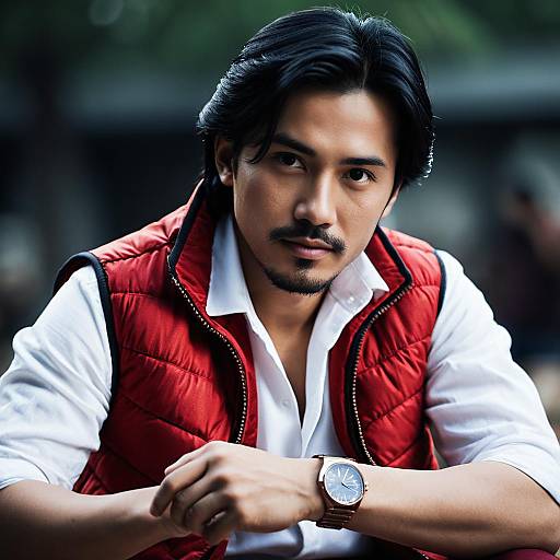 Realistic Portrait of Asian Man in Vest