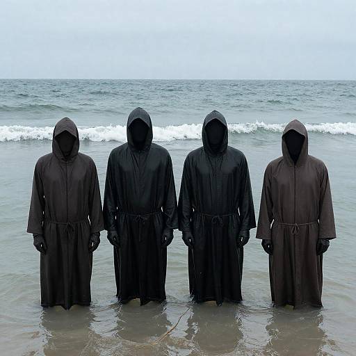 Four Hooded Figures Standing in Ocean Water