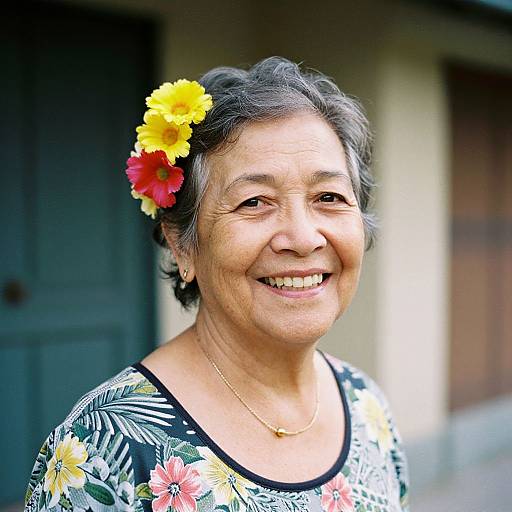 Photograph of smiling elderly Asian woman with gray hair, yellow and red flower in hair, floral blouse, gold necklace, outdoors.