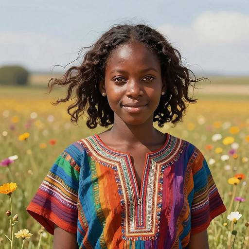 Photograph of a young Black woman with curly hair, wearing a colorful, embroidered dress, standing in a vibrant, sunny field of wildflowers.
