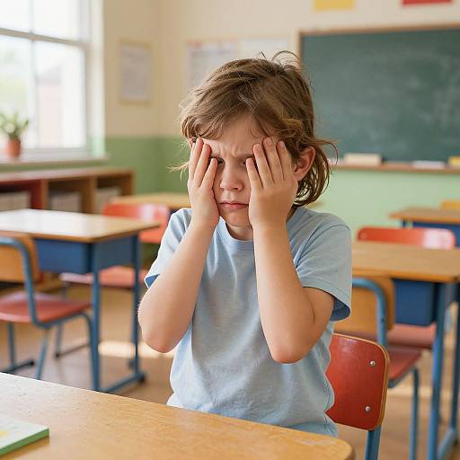 Worried Child in Colorful Classroom