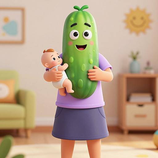 Cartoon-style image of a green, anthropomorphic cucumber with large eyes, holding a smiling baby in a purple shirt and diaper. Background features a sun