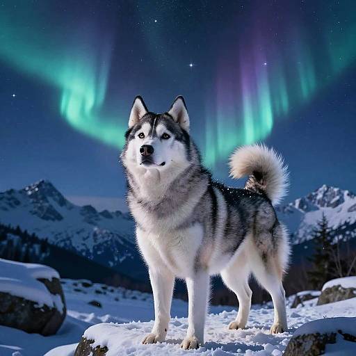 Photograph of a striking Siberian Husky with black, white, and gray fur, standing on snowy terrain under a vibrant aurora borealis night