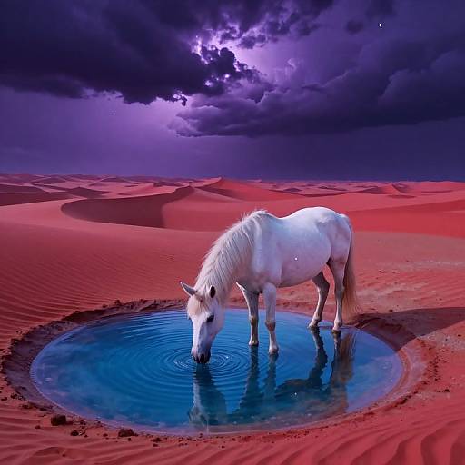 Photorealistic digital art: White horse drinks from a circular blue pond in a vivid red desert, under a stormy, purple-lit sky.