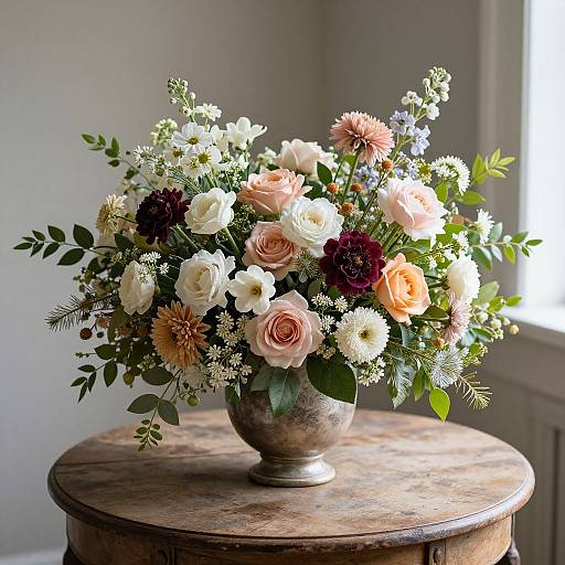 Photograph of a rustic floral arrangement with white, peach, and dark red roses, daisies, and greenery in a vintage vase on a