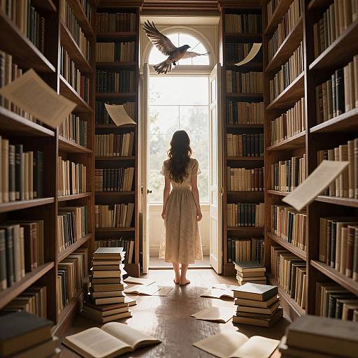 Photograph of a girl in a white dress, standing in a sunlit, book-filled library with books flying and a bird flying above her.