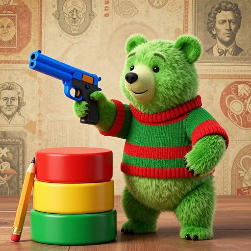 Green Bear with Gun and Colorful Cylinders