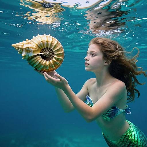 Photograph: Underwater scene of a young mermaid with green scales and blue top, holding a golden spiral shell, surrounded by blue water.