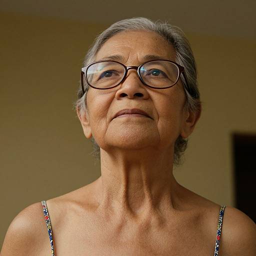 Photograph of an elderly woman with gray hair, glasses, and a patterned spaghetti strap top, smiling softly in a warmly lit room.