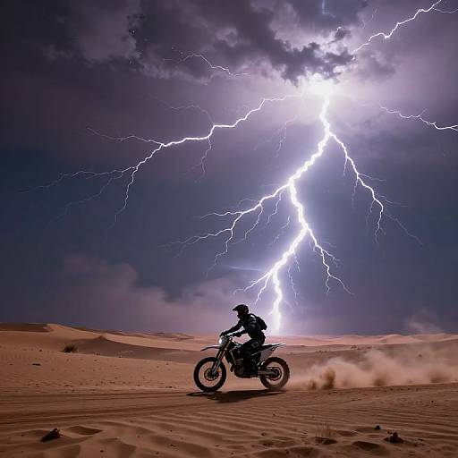 Silhouetted motorcycle rider in desert, riding under intense lightning bolt in dark, stormy sky. Sand dunes in foreground, dramatic light contrast