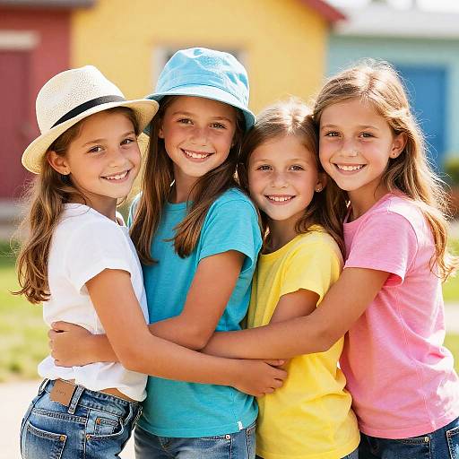 Four Smiling Girls Hugging Outdoors